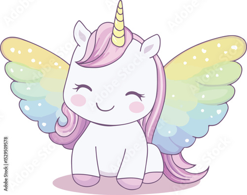 Cute Cartoon Unicorn with Rainbow Wings Sitting Down a Charming Illustration for Children s Books Greeting Cards or Any Project Needing a Touch of Whimsy