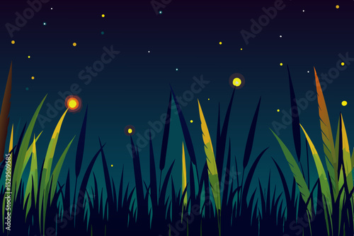 Nighttime grassland with fireflies and stars
