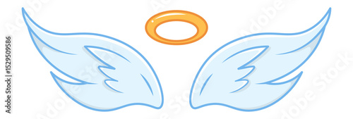 Floating light blue angel wings paired with a golden halo against a pristine white background, embodying themes of spirituality, freedom, and divine presence