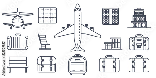  Air Travel Vector Icon Set — Adjustable Line Weight Illustrations