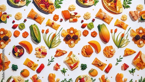 Overhead View Food Pattern With White And Orange Colors On White Background Illustration	
