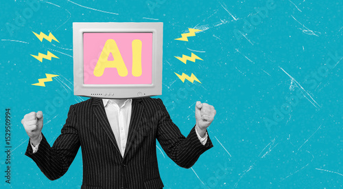 Art collage, computer monitor on man, artificial intelligence.