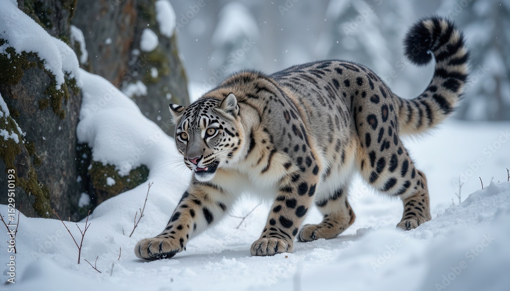 Fototapeta premium leopard stalking winter