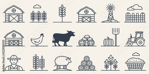  Livestock Vector Icon Set — Adjustable Line Style Agricultural Illustrations