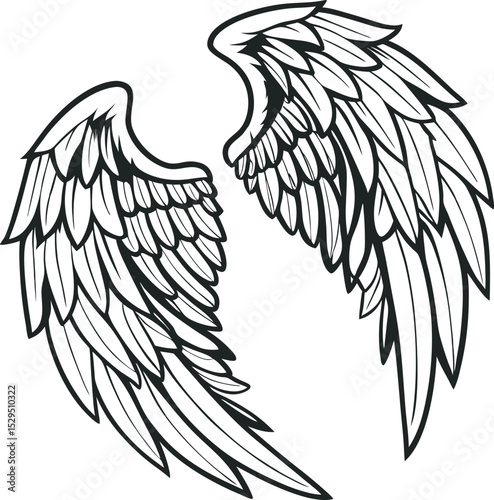 This collection of images displays various black and white illustrations of wings, some with intricate details and others more stylized