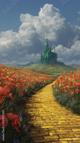 A High Resolution image of yellow brick road leading through poppy field to green emerald city in the distance. Wizard of Oz concept.