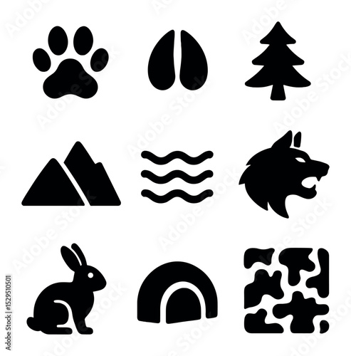 Animal Instinct Icons. Solid, filled icons set of animal instincts and survival in the wild: paw print, animal