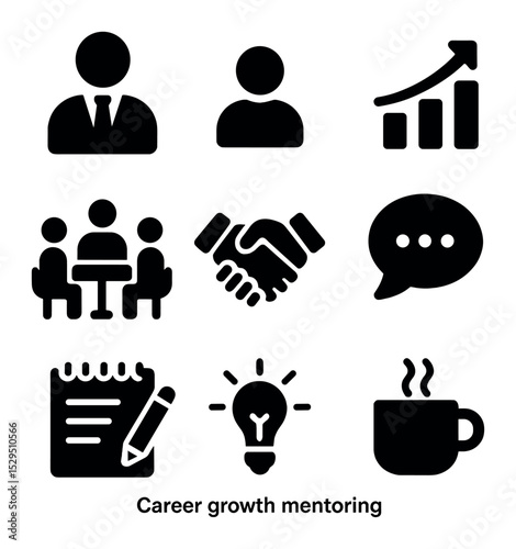 Career Growth Icons. Solid, filled icons set of career growth mentoring: mentor icon, mentee icon, chart icon,