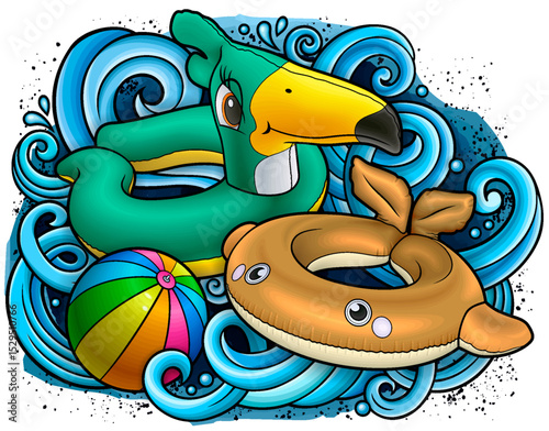 Cartoon cute doodles hand drawn summer beach children's entertainment illustration. Many toys objects vector background. Funny outdoor games artwork.