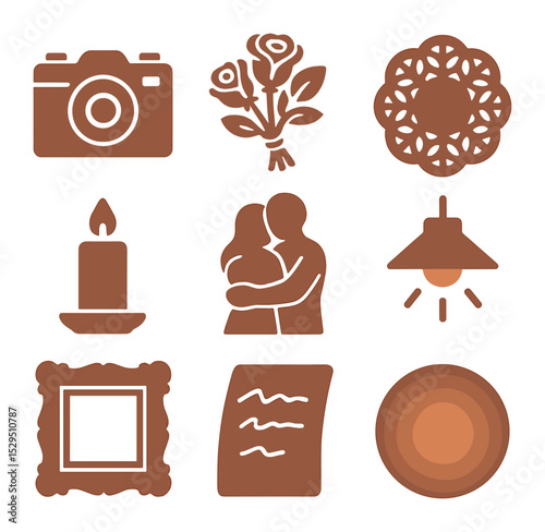 Timeless Romance Icons. Solid, filled icons set of timeless romantic photography: old camera, rose bouquet,