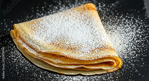 golden brown crepe generously dusted with powdered sugar on a dark background, a delicious and classic french dessert