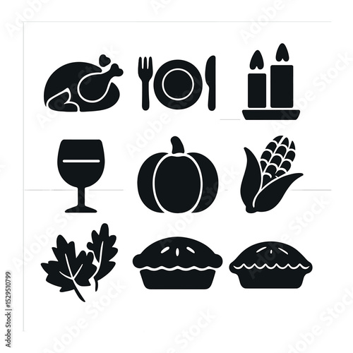 Holiday Feast Icons. Solid, filled icons set of holiday meal and family gathering: turkey icon, dinner plate,