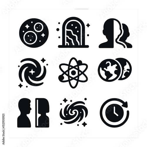 Multiverse Icons Grid. Solid, filled icons set of exploring parallel universes and the multiverse: multiverse