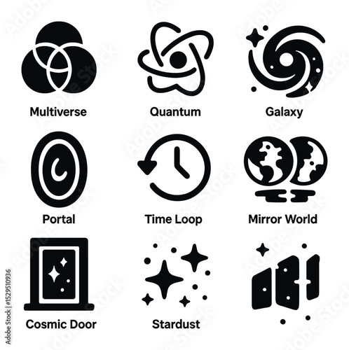 Cosmic Journey Icons. Solid, filled icons set of cosmic journeys across dimensions: multiverse icon, quantum