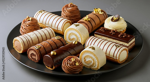 elegant display of festive christmas yule logs and individual cakes, adorned with intricate chocolate work and edible gold flakes on a dark plate