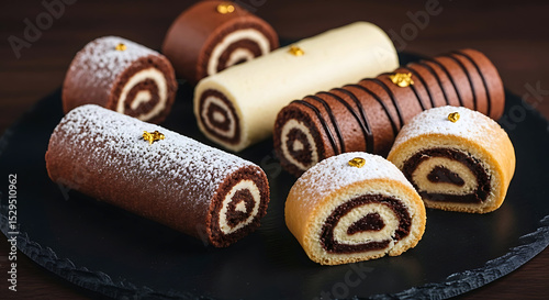 assortment of delectable swiss rolls and chocolate logs, beautifully decorated and presented on a dark platter, perfect for dessert
