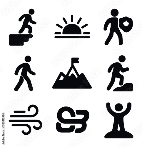 Icons of Courage. Solid, filled icons set of stepping into the unknown: cliff icon, sunrise, courage icon,