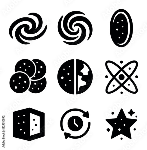 Alternate Realities Icons. Solid, filled icons set of alternate realities and science fiction: galaxy icon,