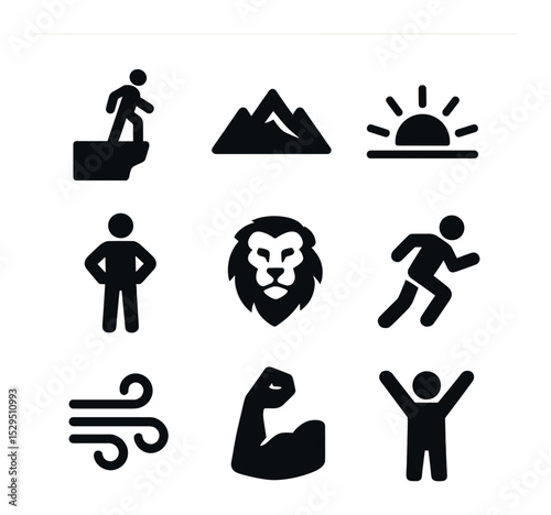Resilience Icon Set. Solid, filled icons set of resilience and bravery: cliff edge, mountain icon, sunrise,