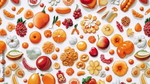 Overhead View Food Pattern With White And Orange Colors On White Background Illustration	
