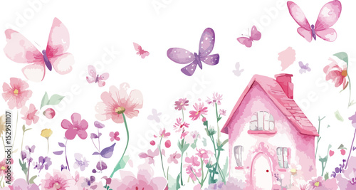 Watercolor Illustration of a Pink House Surrounded by Flowers and Butterflies creating a whimsical and dreamy atmosphere perfect for children s designs invitations or decorative