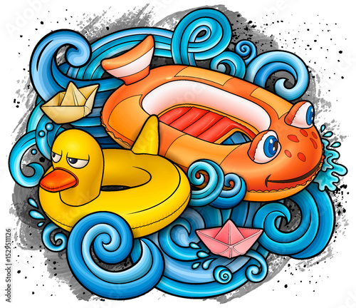 Cartoon cute doodles hand drawn summer beach children's entertainment illustration. Many toys objects vector background. Funny outdoor games artwork.