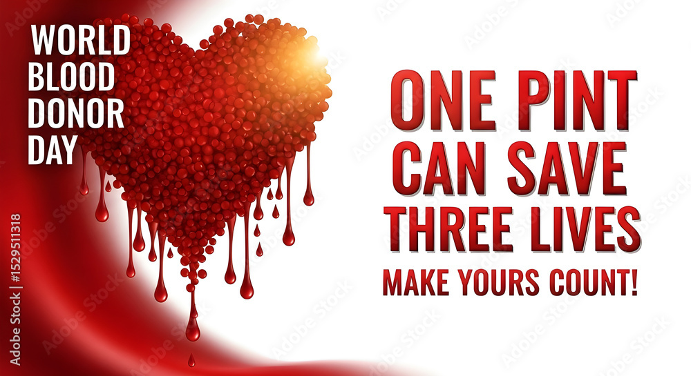 Obraz premium A powerful graphic for World Blood Donor Day featuring a heart made of blood droplets, emphasizing that one pint of blood can save three lives.