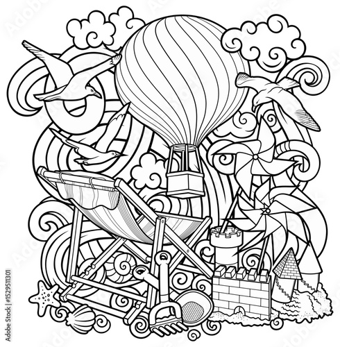 Cartoon cute doodles hand drawn summer beach children's entertainment illustration. Many toys objects vector background. Funny outdoor games artwork.