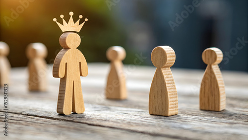 Leadership Icon: Symbolic figures representing leadership and followership are artfully arranged on a rustic wooden surface, creating a visually captivating metaphor for guidance and influence. 