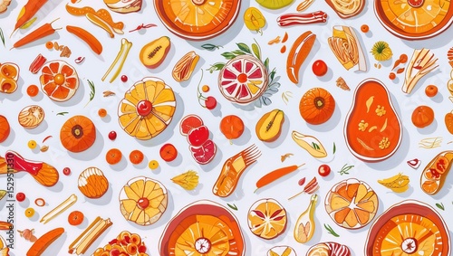 Overhead View Food Pattern With White And Orange Colors On White Background Illustration	
