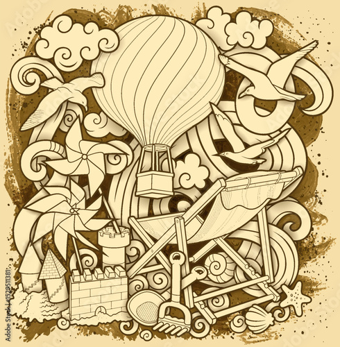 Cartoon cute doodles hand drawn summer beach children's entertainment illustration. Many toys objects vector background. Funny outdoor games artwork.