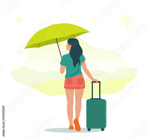 Woman with Umbrella and Suitcase