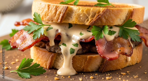 mouth-watering gourmet sandwich featuring crispy bacon, a juicy patty, and a rich creamy sauce, garnished with fresh parsley on toasted bread