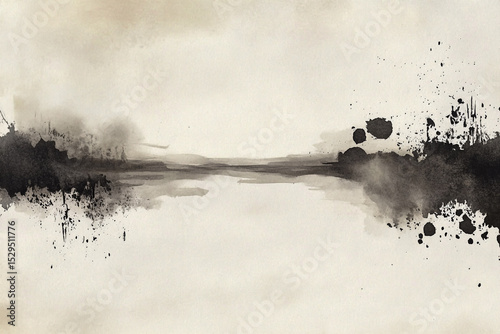 Minimalist watercolor landscape with splashes of black and white ink on a beige background, with a neutral color palette and subtle textural details.