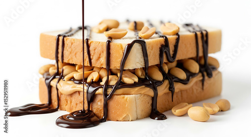 delectable peanut butter and chocolate sandwich with a decadent drizzle of melted chocolate and whole peanuts, a sweet and indulgent treat