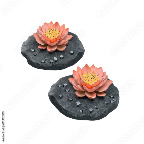 Two Peach-Colored Lotus Flowers on Dark Grey Stones with Water Droplets
