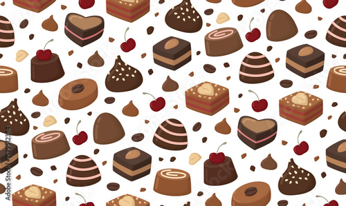 Seamless background with chocolate candies, drops, cherry, nuts. Pattern of assorted sweets, truffles, bonbons