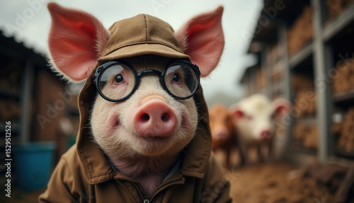 Pig wearing glasses hoodie in barnyard
