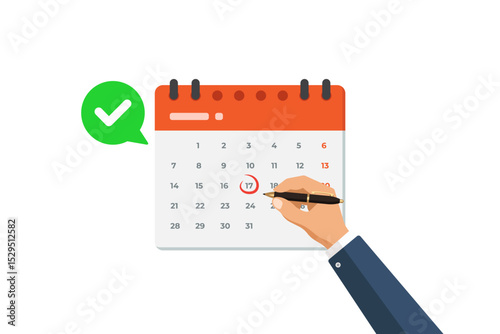 vector Illustration of a hand using a pen to mark an important date on a calendar, symbolizing scheduling, planning, and organization, featuring a green checkmark for completion.