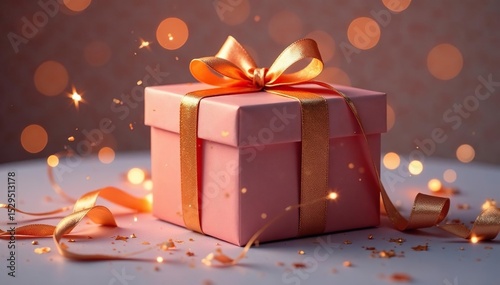 Softly lit gold-threaded gift box, whimsical ribbon , ornate, ribbon