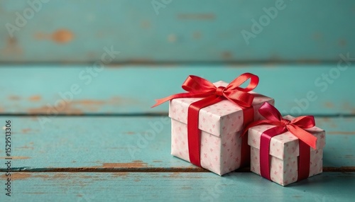 Small, charming gift boxes tied with colorful satin bows rest on weathered wood , handmade, celebration, wood
