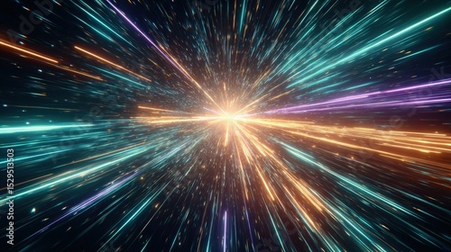 Bright multicolored light streaks radiate outward from a central point, resembling a cosmic explosion or warp speed effect in space.