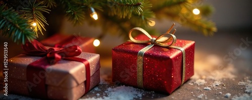 Glittery gift boxes tied with twine beneath a Christmas tree's boughs , shadow, celebration