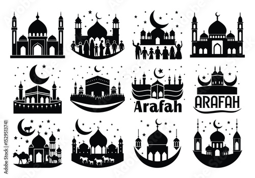 Muslim festival Eid -ul-fitar, Eid-ul-adha, hajj , vector silhouette set