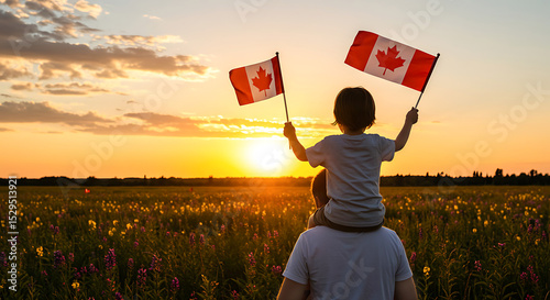  Adorable Caucasian Boy on Father's Shoulders Holding Canadian Flags at Sunset