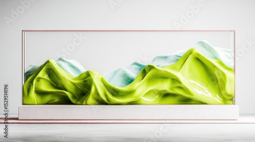 Abstract 3D Render of Serene Green Mountains in Glass Frame