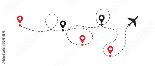 Airplane Travel Path with Red and Black Destination Map Pins