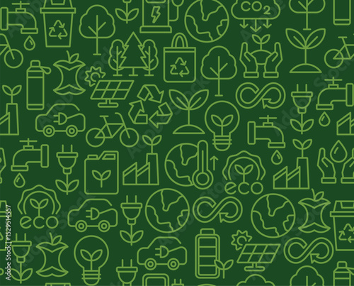 Seamless sustainability pattern with eco-friendly icons such as solar panel, recycling, electric car, and green energy in linear style. Ideal for backgrounds, packaging, and print.
