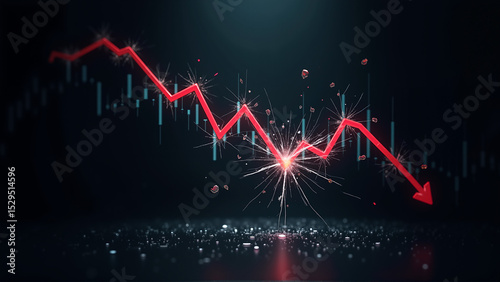 Dynamic financial graph showing declining trend, vibrant red lines fluctuating on dark background, perfect for finance themes.