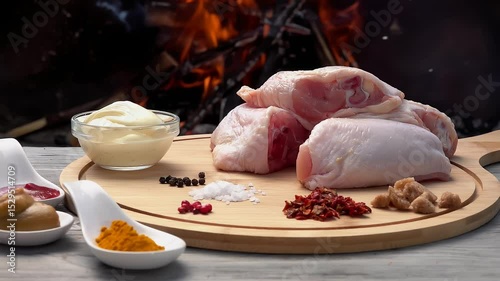Panorama of the ingredients for the preparation of delicious grilled chicken on the background of the open fire.